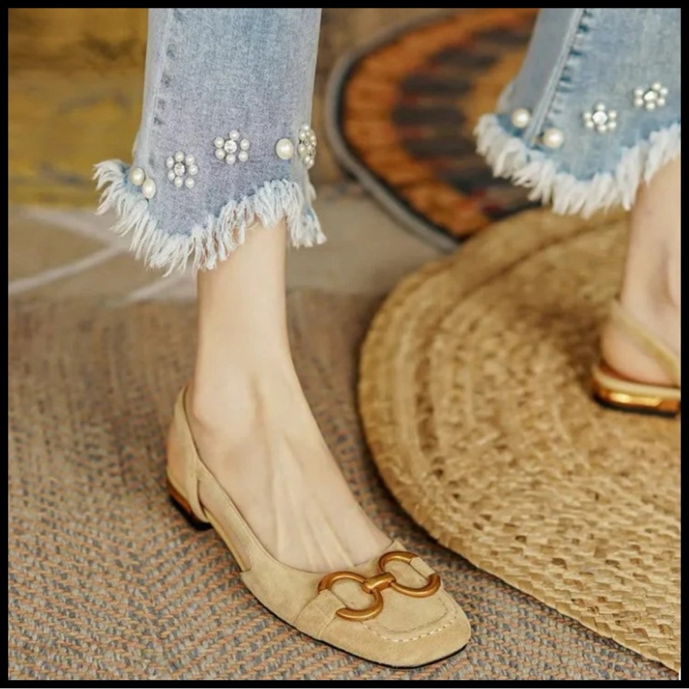 Classic Tan Suede Sandals with Gold Detail. Size 8.